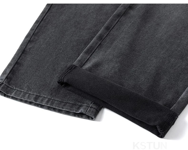KSTUN 2026 Spring Men's Loose Straight Jeans Wide Leg Vintage Grey Cargo Pants Male Streetwear Trousers Multi-pockets Designer