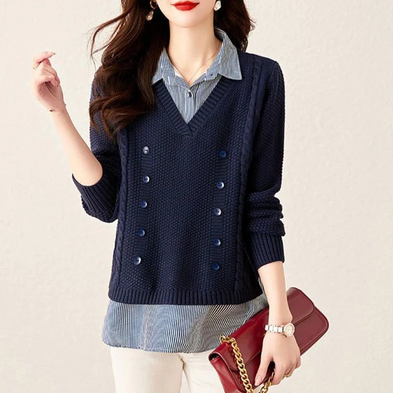 Fake Two Piece Top Knit Sweater Women's Splice Shirt Collar 2024 Spring Autumn New Korean Loose Long Sleeve Sweater Brown Shirt