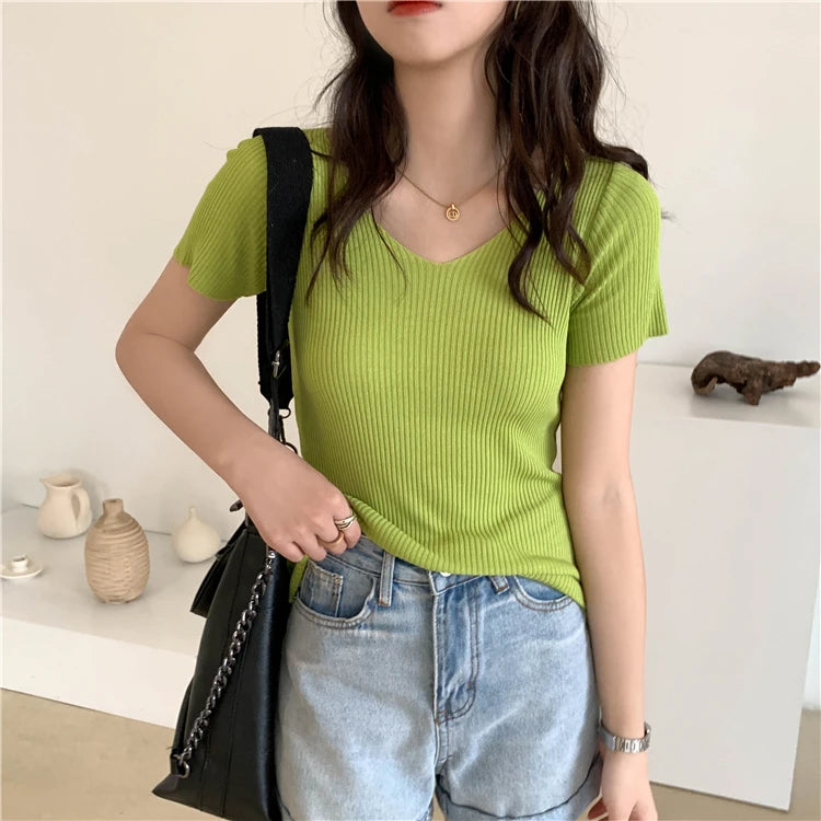 AOSSVIAO 2026 V-neck Solid Thin Summer Pullover Women Sweater Female Knitted Ribbed Sweater Slim Short Sleeve Bodycon Sweater
