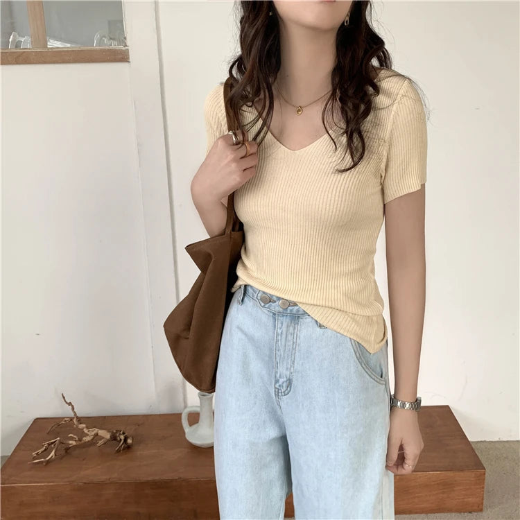 AOSSVIAO 2026 V-neck Solid Thin Summer Pullover Women Sweater Female Knitted Ribbed Sweater Slim Short Sleeve Bodycon Sweater