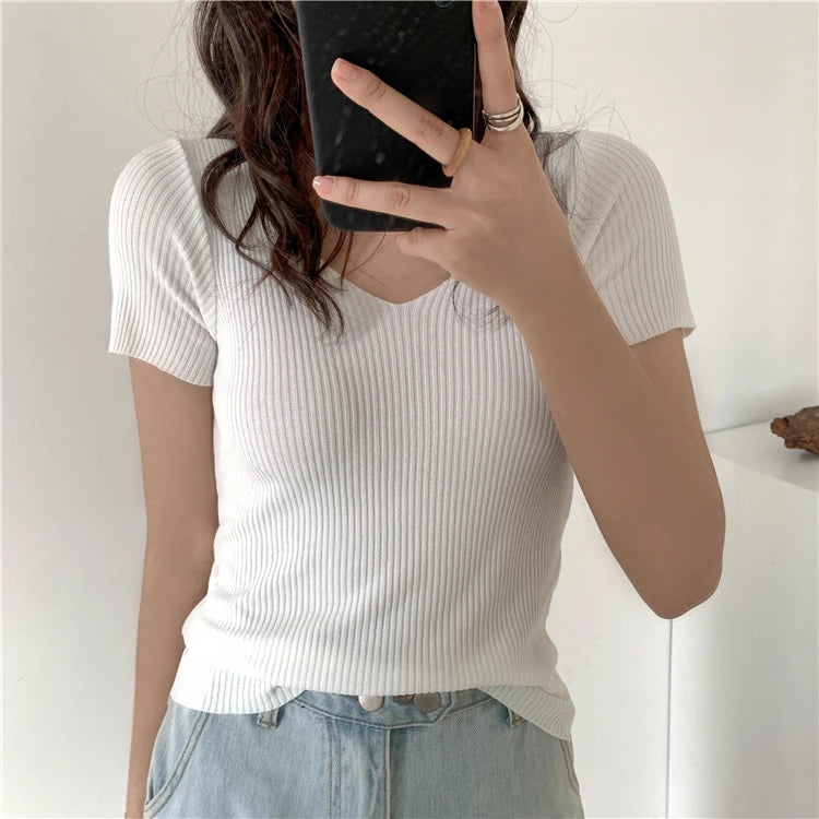 AOSSVIAO 2026 V-neck Solid Thin Summer Pullover Women Sweater Female Knitted Ribbed Sweater Slim Short Sleeve Bodycon Sweater