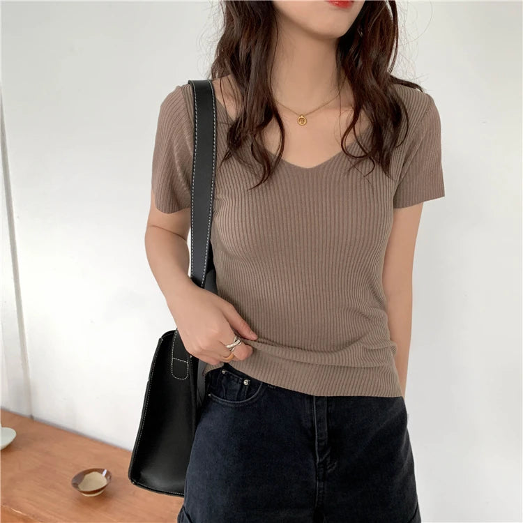 AOSSVIAO 2026 V-neck Solid Thin Summer Pullover Women Sweater Female Knitted Ribbed Sweater Slim Short Sleeve Bodycon Sweater