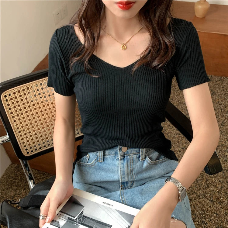 AOSSVIAO 2026 V-neck Solid Thin Summer Pullover Women Sweater Female Knitted Ribbed Sweater Slim Short Sleeve Bodycon Sweater