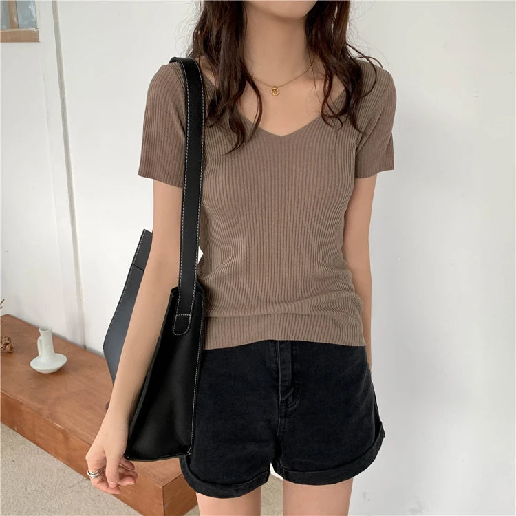 AOSSVIAO 2026 V-neck Solid Thin Summer Pullover Women Sweater Female Knitted Ribbed Sweater Slim Short Sleeve Bodycon Sweater
