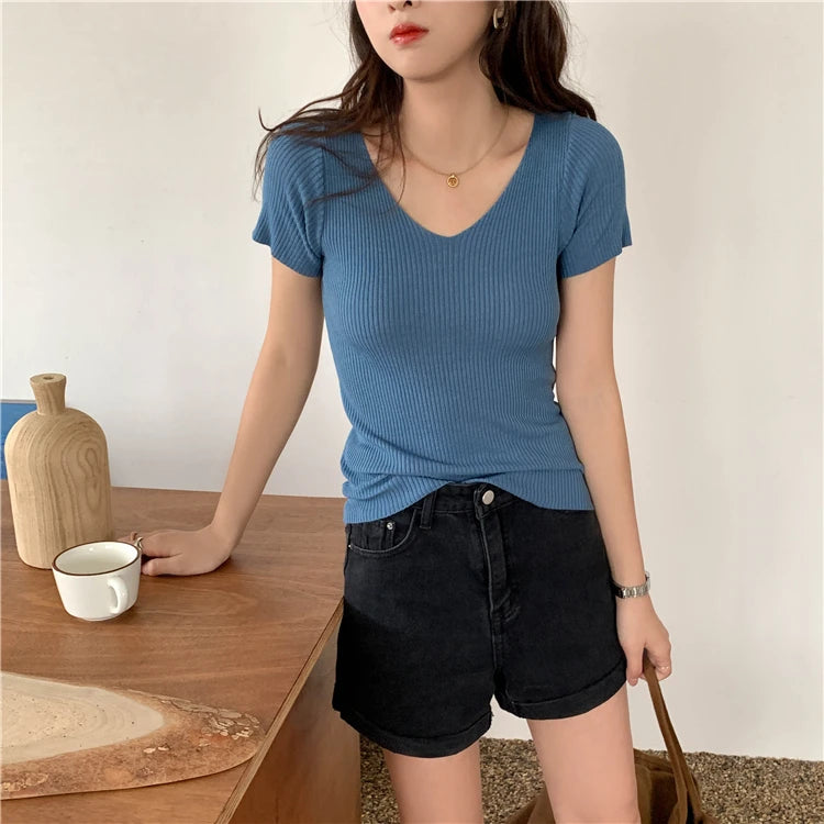 AOSSVIAO 2026 V-neck Solid Thin Summer Pullover Women Sweater Female Knitted Ribbed Sweater Slim Short Sleeve Bodycon Sweater