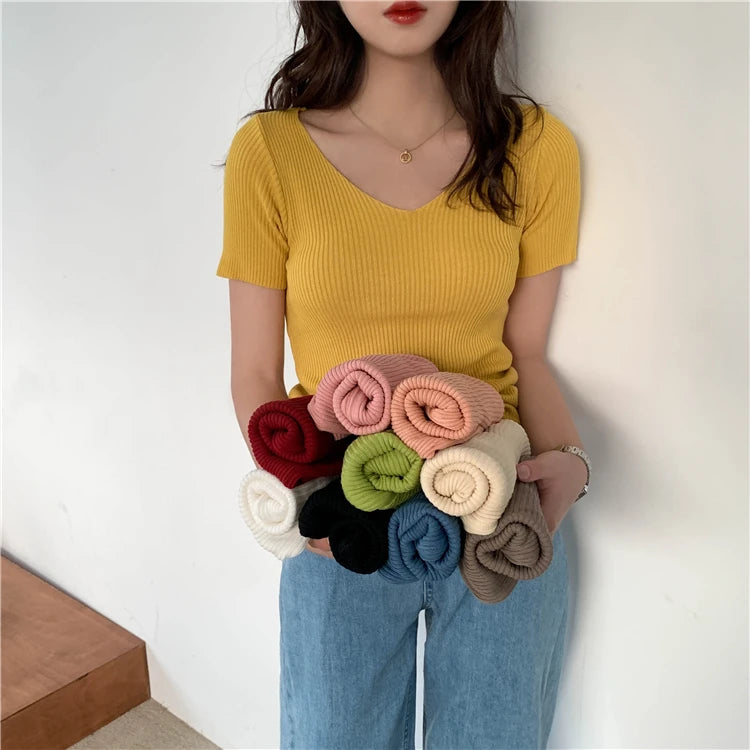 AOSSVIAO 2026 V-neck Solid Thin Summer Pullover Women Sweater Female Knitted Ribbed Sweater Slim Short Sleeve Bodycon Sweater
