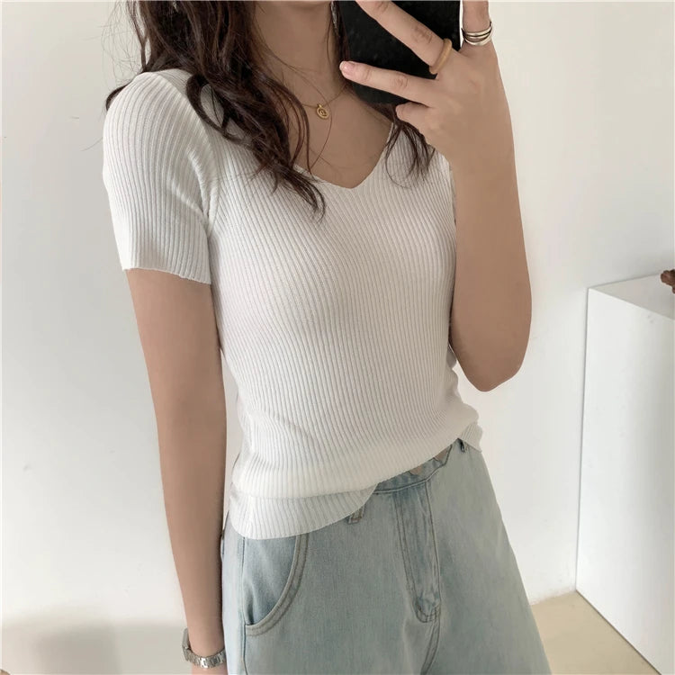 AOSSVIAO 2026 V-neck Solid Thin Summer Pullover Women Sweater Female Knitted Ribbed Sweater Slim Short Sleeve Bodycon Sweater