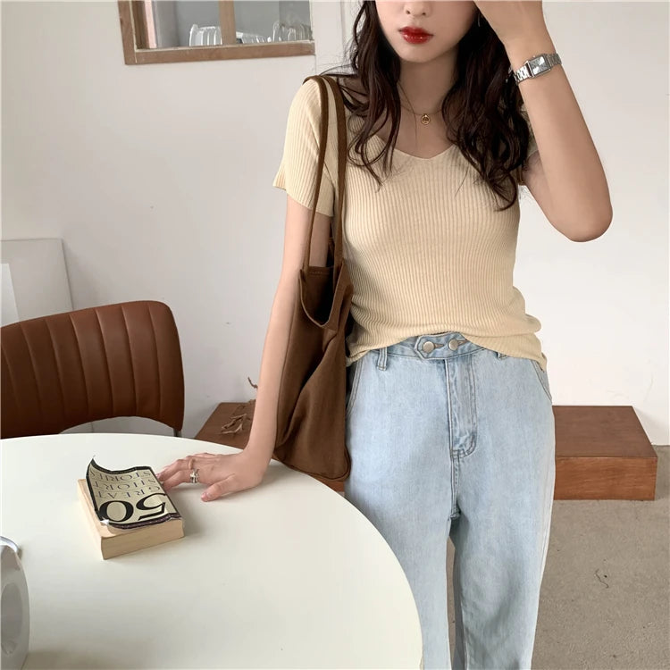 AOSSVIAO 2026 V-neck Solid Thin Summer Pullover Women Sweater Female Knitted Ribbed Sweater Slim Short Sleeve Bodycon Sweater