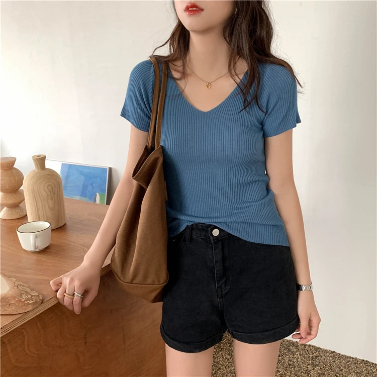 AOSSVIAO 2026 V-neck Solid Thin Summer Pullover Women Sweater Female Knitted Ribbed Sweater Slim Short Sleeve Bodycon Sweater
