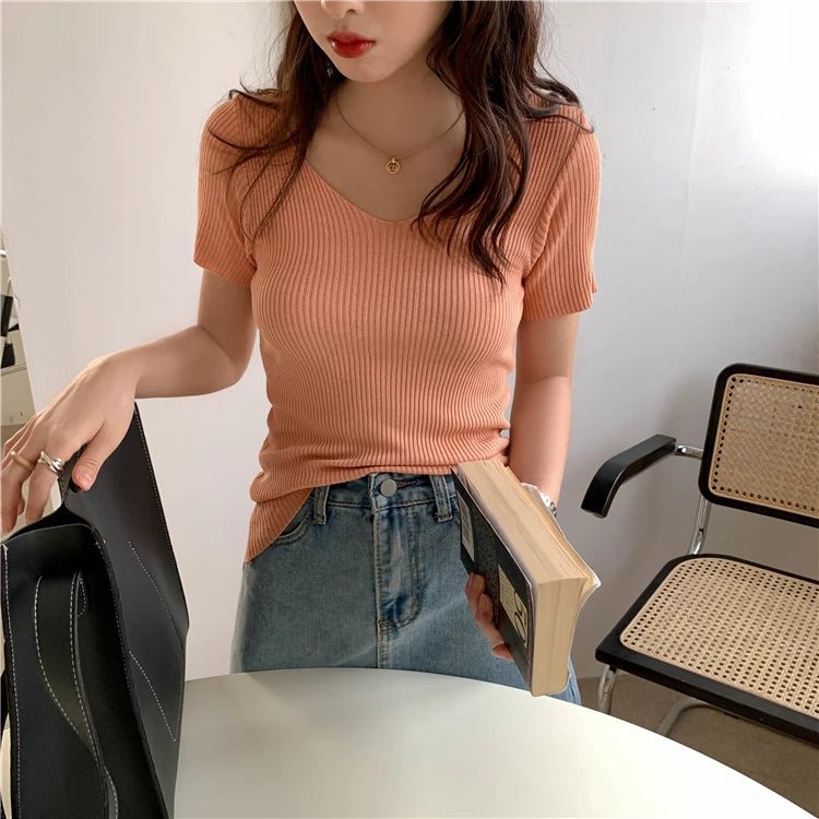 AOSSVIAO 2026 V-neck Solid Thin Summer Pullover Women Sweater Female Knitted Ribbed Sweater Slim Short Sleeve Bodycon Sweater