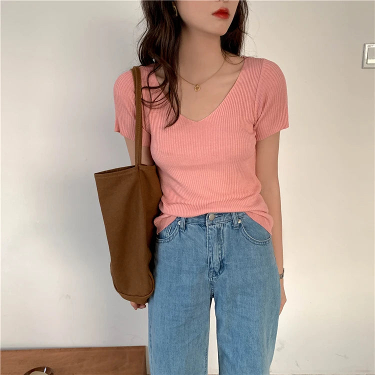 AOSSVIAO 2026 V-neck Solid Thin Summer Pullover Women Sweater Female Knitted Ribbed Sweater Slim Short Sleeve Bodycon Sweater