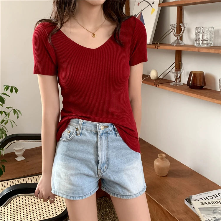 AOSSVIAO 2026 V-neck Solid Thin Summer Pullover Women Sweater Female Knitted Ribbed Sweater Slim Short Sleeve Bodycon Sweater