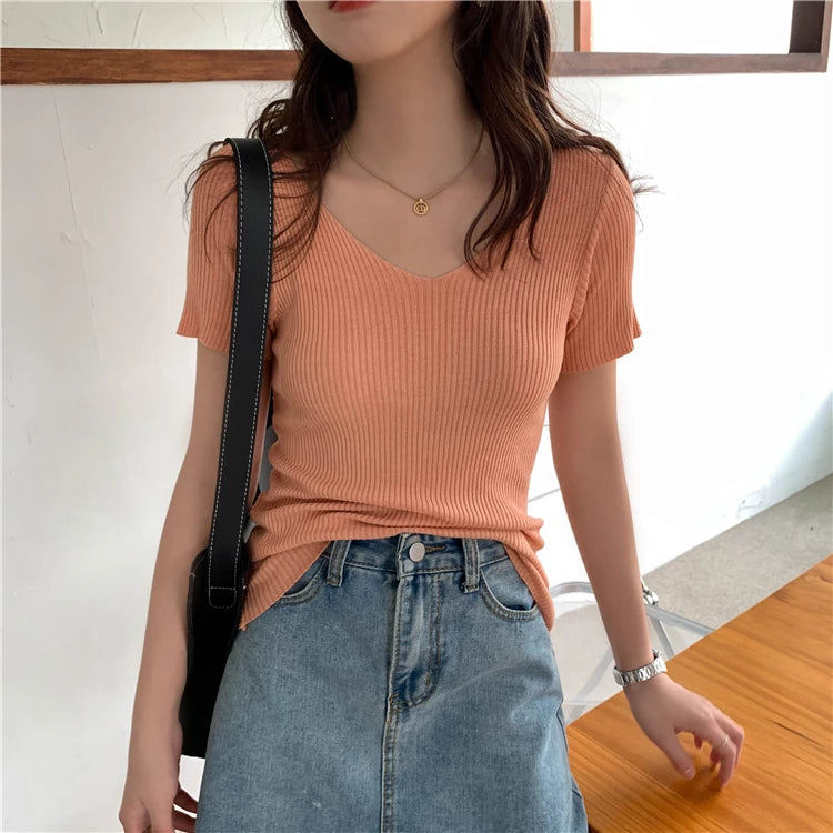 AOSSVIAO 2026 V-neck Solid Thin Summer Pullover Women Sweater Female Knitted Ribbed Sweater Slim Short Sleeve Bodycon Sweater