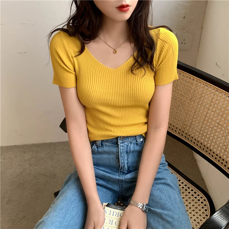 AOSSVIAO 2026 V-neck Solid Thin Summer Pullover Women Sweater Female Knitted Ribbed Sweater Slim Short Sleeve Bodycon Sweater