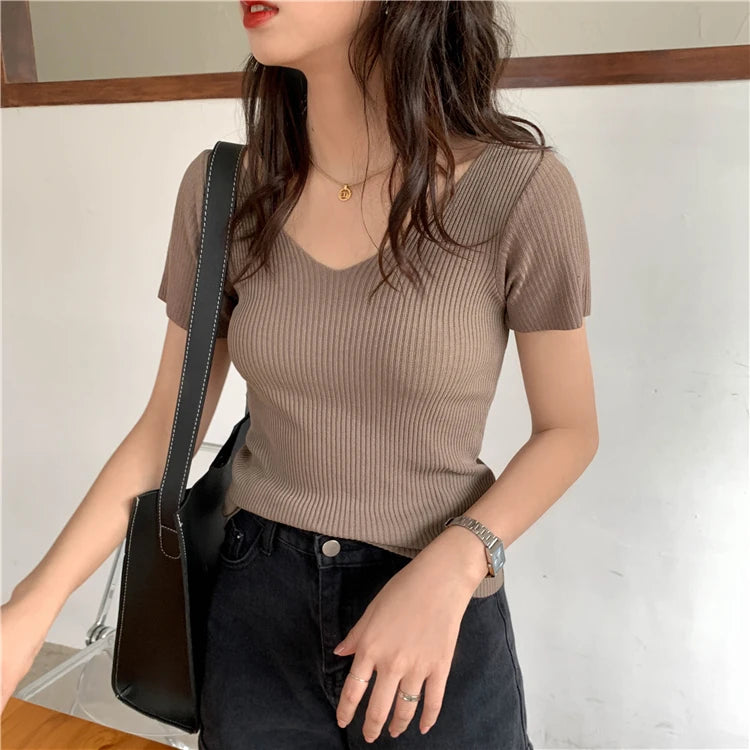 AOSSVIAO 2026 V-neck Solid Thin Summer Pullover Women Sweater Female Knitted Ribbed Sweater Slim Short Sleeve Bodycon Sweater