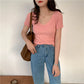 AOSSVIAO 2026 V-neck Solid Thin Summer Pullover Women Sweater Female Knitted Ribbed Sweater Slim Short Sleeve Bodycon Sweater