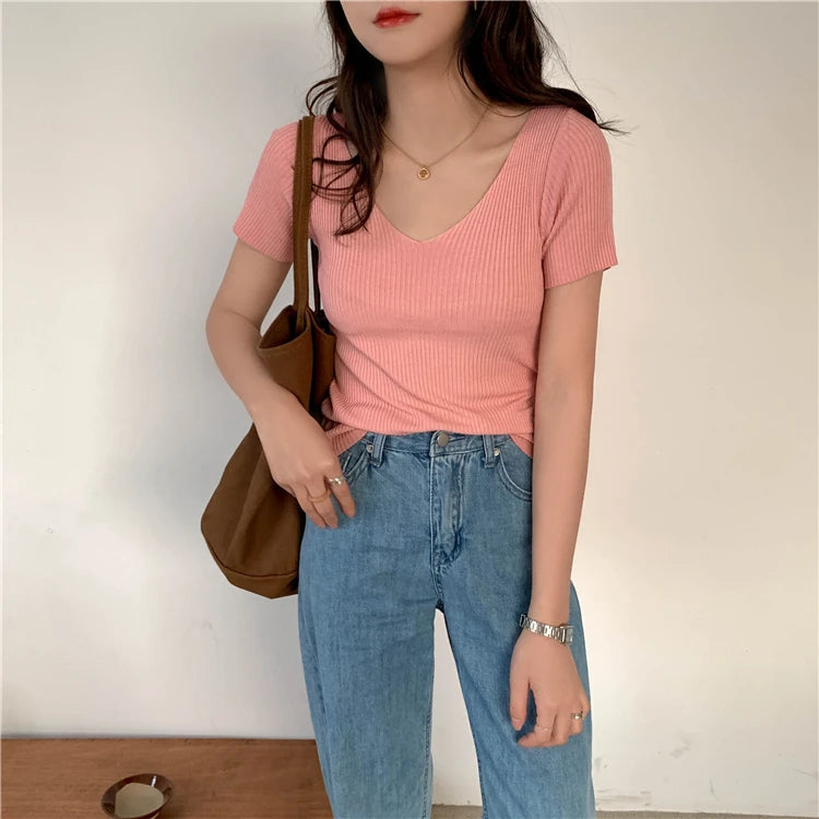 AOSSVIAO 2026 V-neck Solid Thin Summer Pullover Women Sweater Female Knitted Ribbed Sweater Slim Short Sleeve Bodycon Sweater