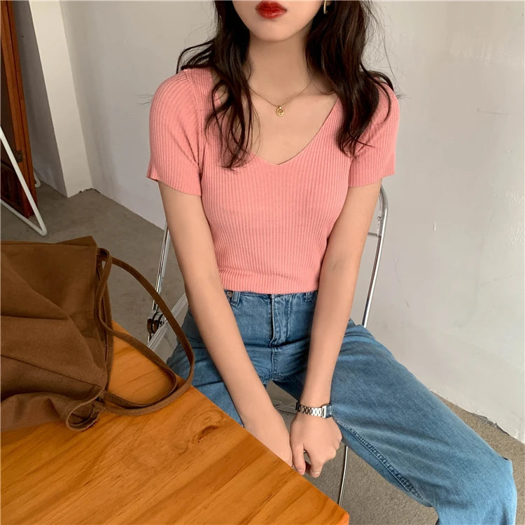 AOSSVIAO 2026 V-neck Solid Thin Summer Pullover Women Sweater Female Knitted Ribbed Sweater Slim Short Sleeve Bodycon Sweater