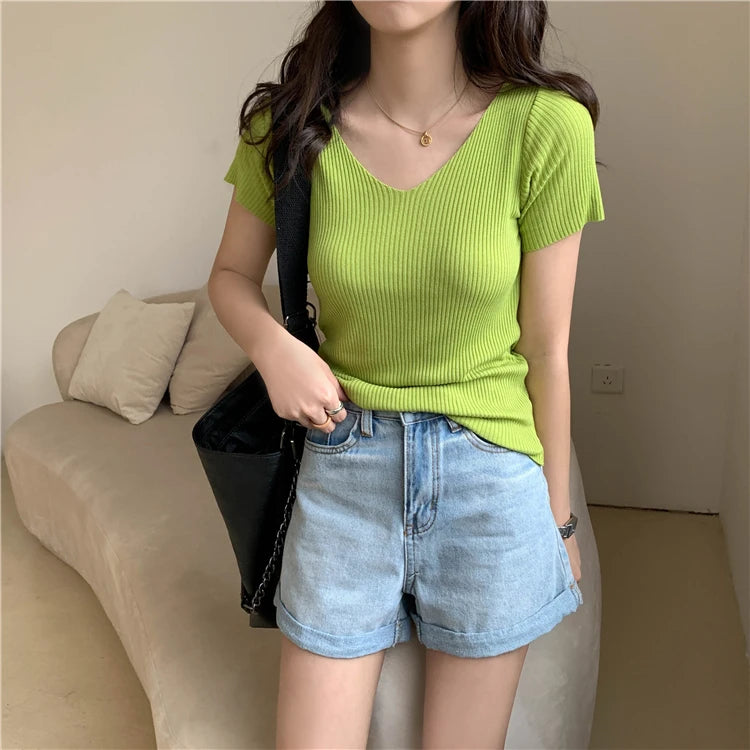 AOSSVIAO 2026 V-neck Solid Thin Summer Pullover Women Sweater Female Knitted Ribbed Sweater Slim Short Sleeve Bodycon Sweater