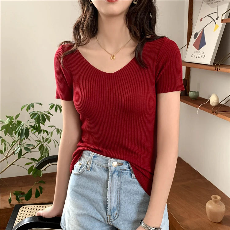 AOSSVIAO 2026 V-neck Solid Thin Summer Pullover Women Sweater Female Knitted Ribbed Sweater Slim Short Sleeve Bodycon Sweater