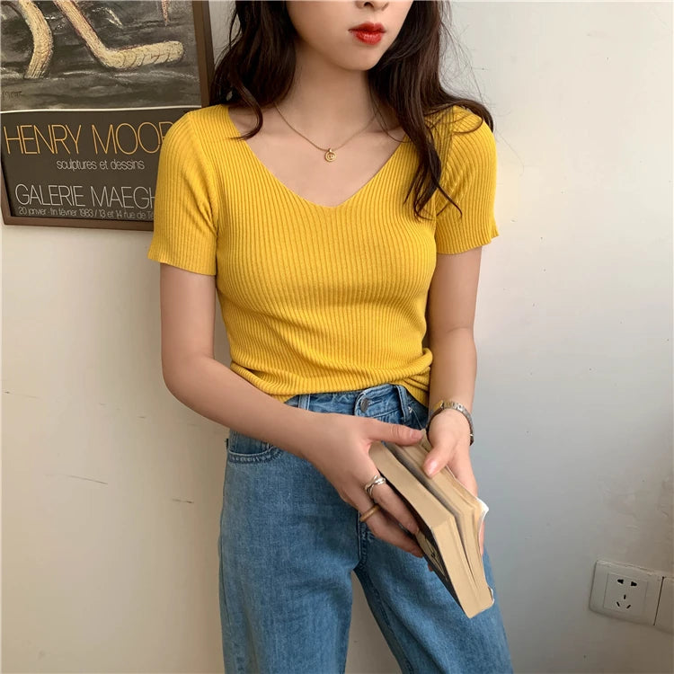 AOSSVIAO 2026 V-neck Solid Thin Summer Pullover Women Sweater Female Knitted Ribbed Sweater Slim Short Sleeve Bodycon Sweater