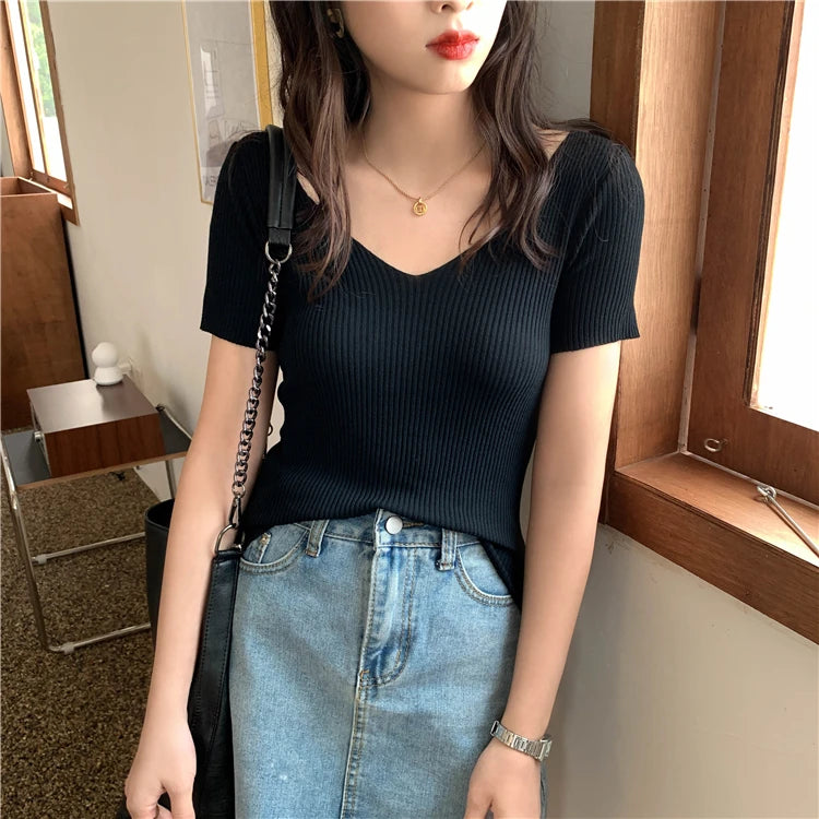 AOSSVIAO 2026 V-neck Solid Thin Summer Pullover Women Sweater Female Knitted Ribbed Sweater Slim Short Sleeve Bodycon Sweater