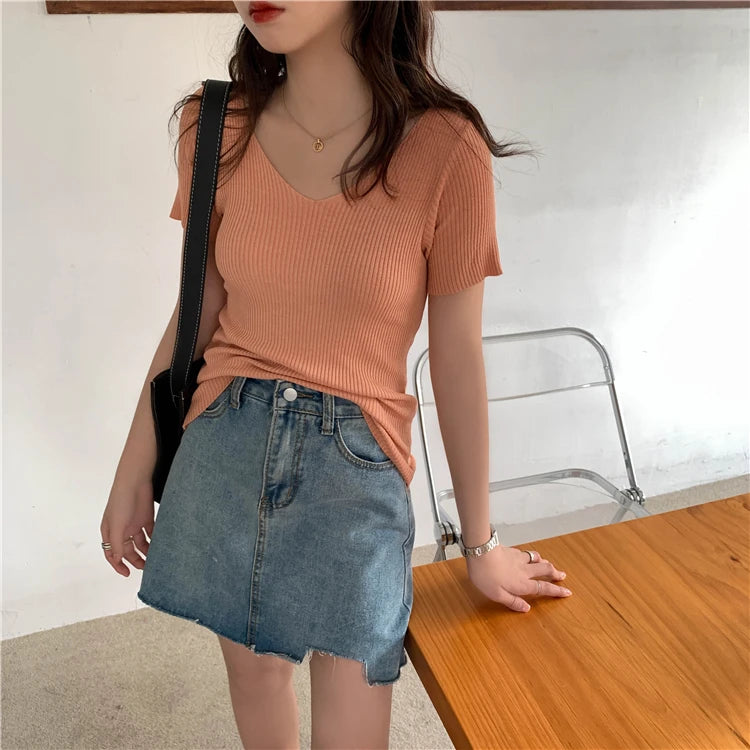 AOSSVIAO 2026 V-neck Solid Thin Summer Pullover Women Sweater Female Knitted Ribbed Sweater Slim Short Sleeve Bodycon Sweater