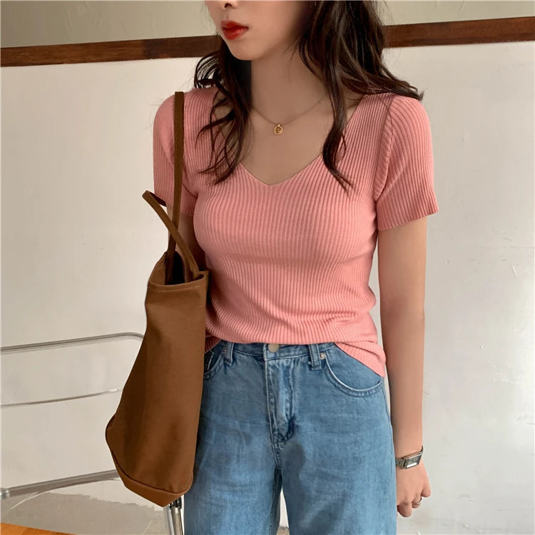 AOSSVIAO 2026 V-neck Solid Thin Summer Pullover Women Sweater Female Knitted Ribbed Sweater Slim Short Sleeve Bodycon Sweater