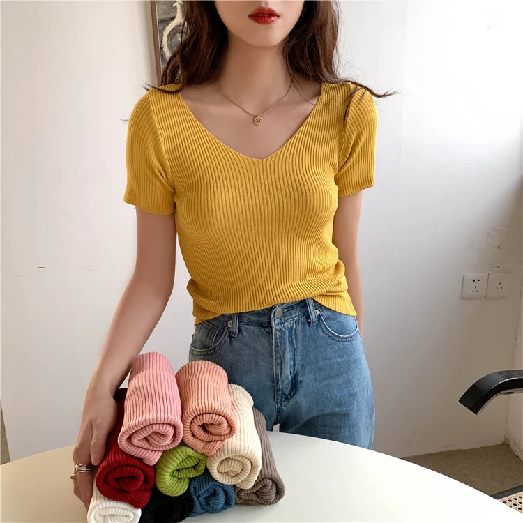 AOSSVIAO 2026 V-neck Solid Thin Summer Pullover Women Sweater Female Knitted Ribbed Sweater Slim Short Sleeve Bodycon Sweater