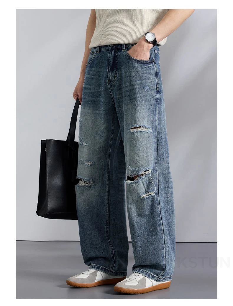 KSTUN 2026 Summer Distressed Jeans For Men Wide-leg Ripped Baggy Pants Loose Straight Vintage Streetwear Hip hop Motocycle Jeans