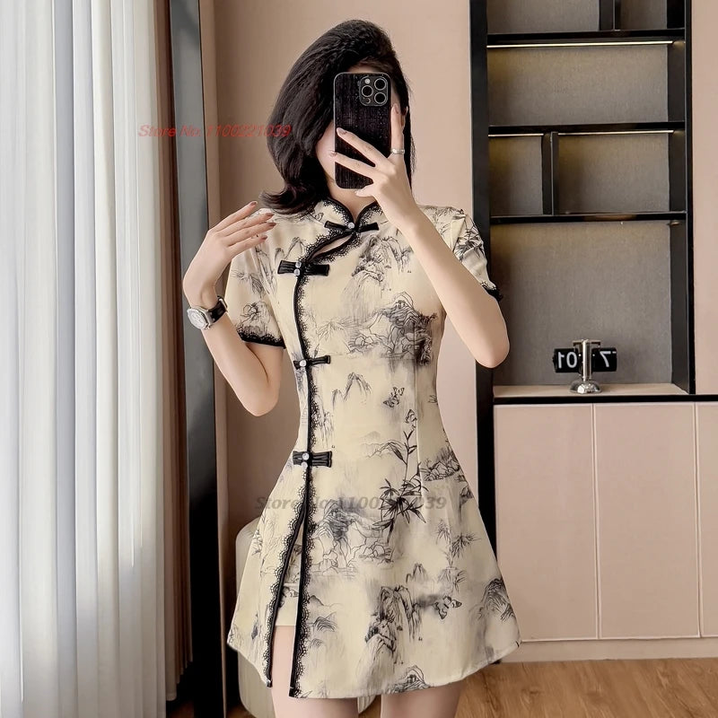 2026 chinese sexy nightclub dress improved cheongsam flower print qipao dress+shorts set hotel spa work dress beauty uniform