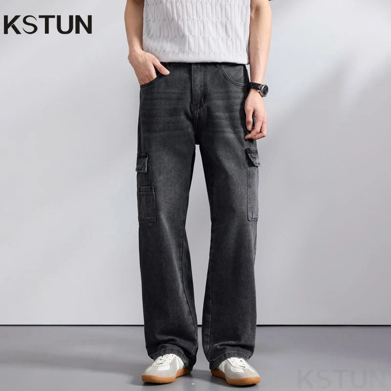 KSTUN 2026 Spring Men's Loose Straight Jeans Wide Leg Vintage Grey Cargo Pants Male Streetwear Trousers Multi-pockets Designer