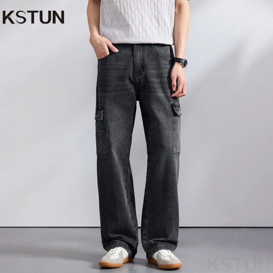 KSTUN 2026 Spring Men's Loose Straight Jeans Wide Leg Vintage Grey Cargo Pants Male Streetwear Trousers Multi-pockets Designer