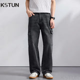 KSTUN 2026 Spring Men's Loose Straight Jeans Wide Leg Vintage Grey Cargo Pants Male Streetwear Trousers Multi-pockets Designer