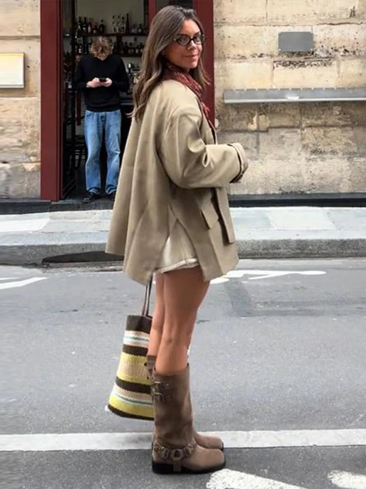 Bomber Jacket Women's Coat Oversized Blazer Lapel Diagonal Placket Asymmetrical Suit Flap Pockets Spring Woman Clothes Loose Top