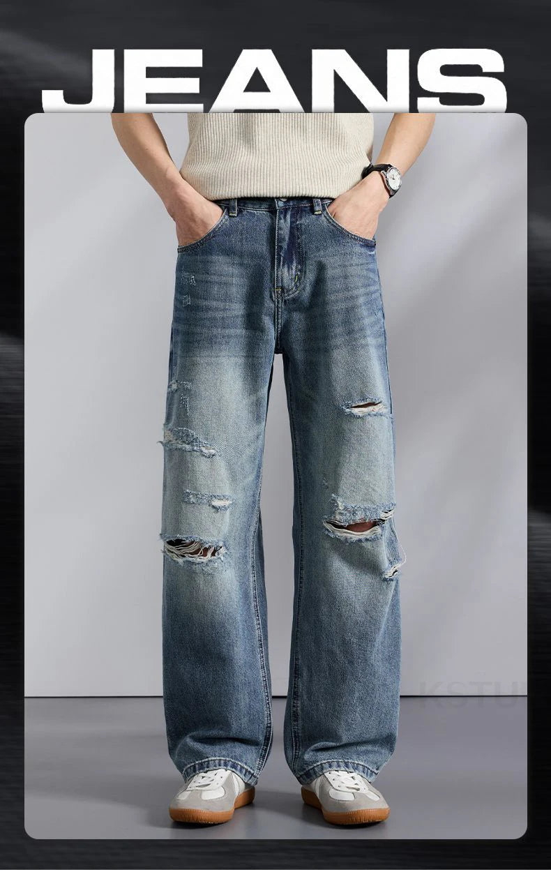 KSTUN 2026 Summer Distressed Jeans For Men Wide-leg Ripped Baggy Pants Loose Straight Vintage Streetwear Hip hop Motocycle Jeans