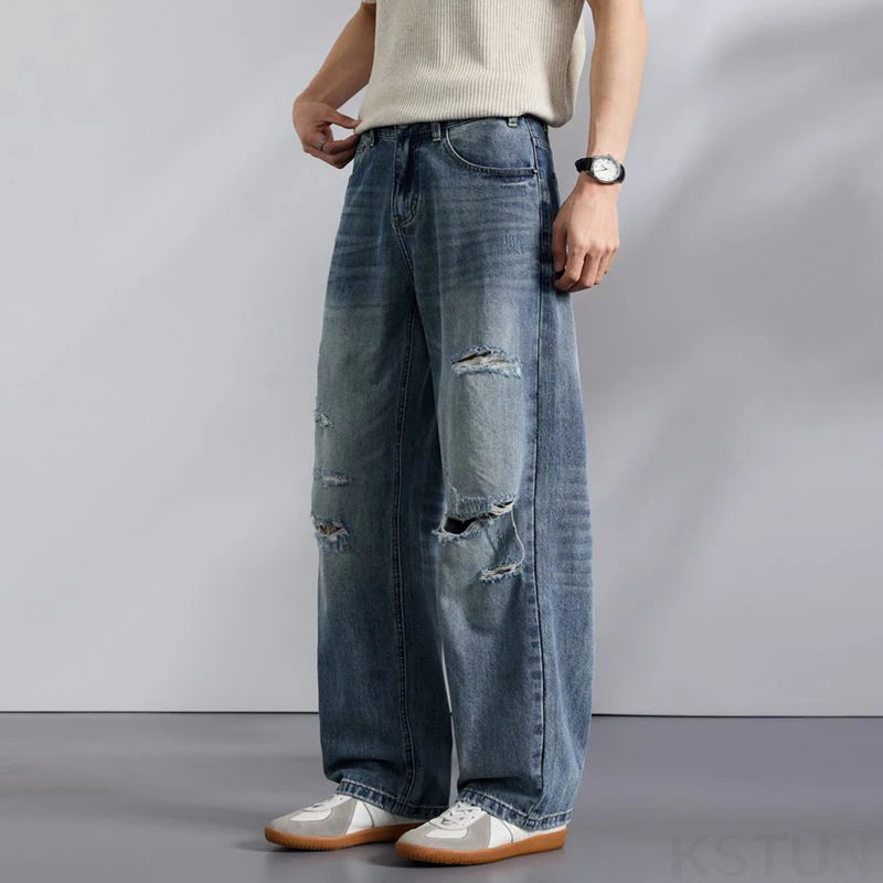 KSTUN 2026 Summer Distressed Jeans For Men Wide-leg Ripped Baggy Pants Loose Straight Vintage Streetwear Hip hop Motocycle Jeans