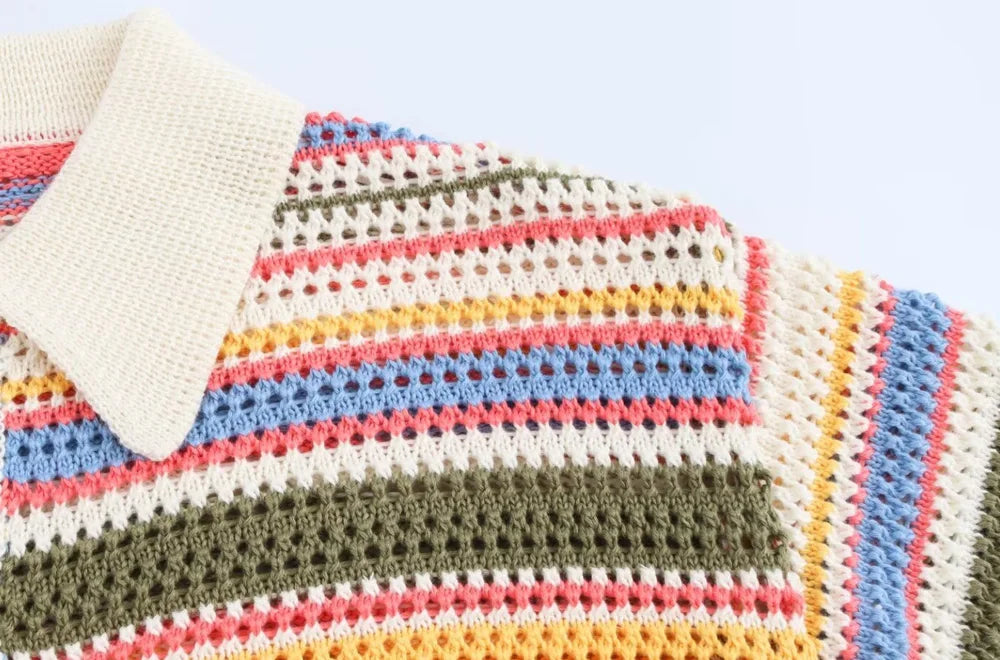 Women's Striped Crochet Knit Crop Sweater, Polo Collar, Short Sleeve, Button-up, Female Outerwear, Chic Tops, Fashion