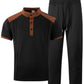 Men's Waffle Knit Stand Collar T Shirt and Pants Set Color Block Casual Streetwear Summer Tracksuit