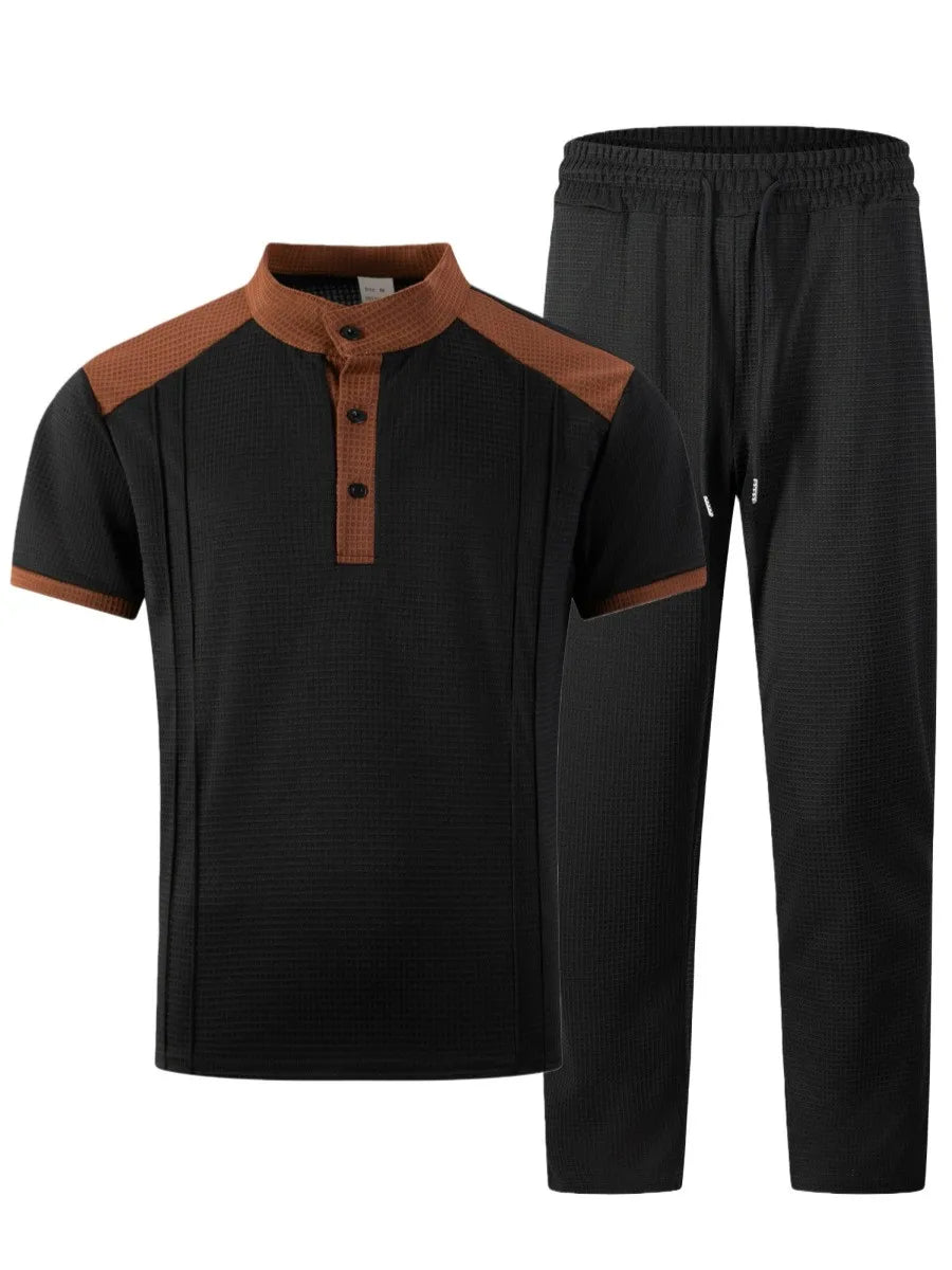 Men's Waffle Knit Stand Collar T Shirt and Pants Set Color Block Casual Streetwear Summer Tracksuit