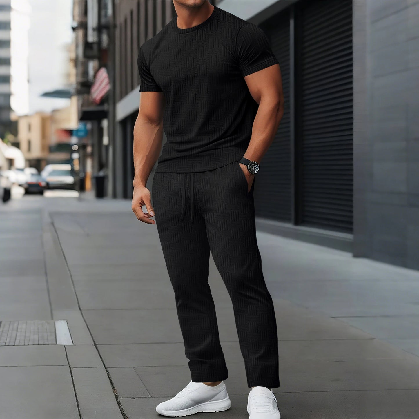 2026 Men's Spring Autumn Business Casual Textured 2 Piece Set Crew Neck T-Shirt & Drawstring Pants