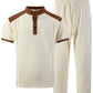 Men's Waffle Knit Stand Collar T Shirt and Pants Set Color Block Casual Streetwear Summer Tracksuit