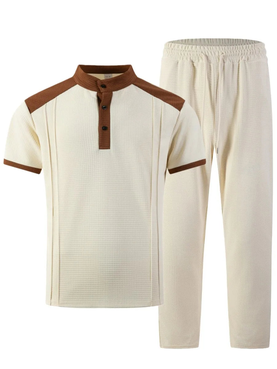 Men's Waffle Knit Stand Collar T Shirt and Pants Set Color Block Casual Streetwear Summer Tracksuit