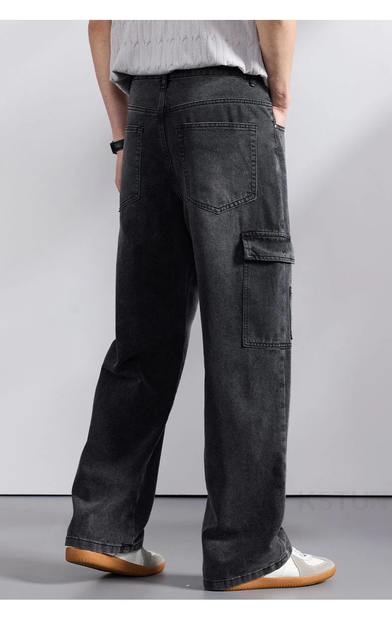 KSTUN 2026 Spring Men's Loose Straight Jeans Wide Leg Vintage Grey Cargo Pants Male Streetwear Trousers Multi-pockets Designer