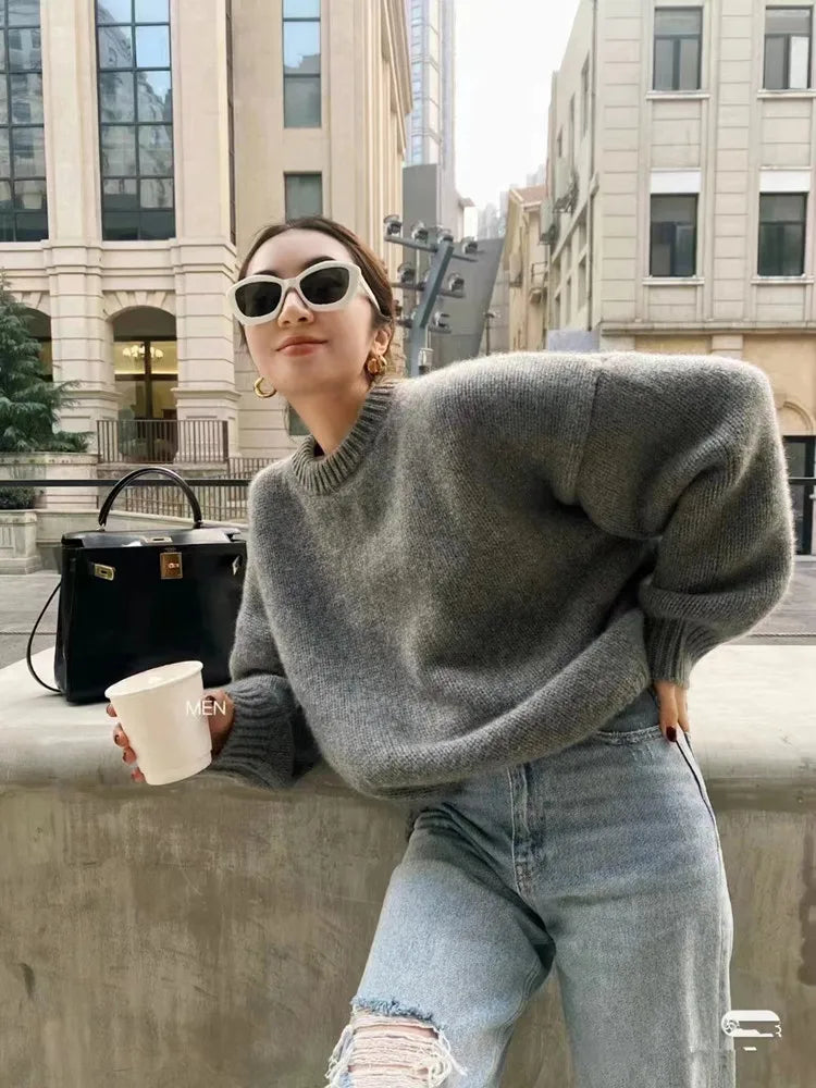 Loose Large Size Cashmere Sweater Women Korean Mid Length 100% Pure Merino Wool Knitt French Pullover 2024 Autumn Winter Jumper