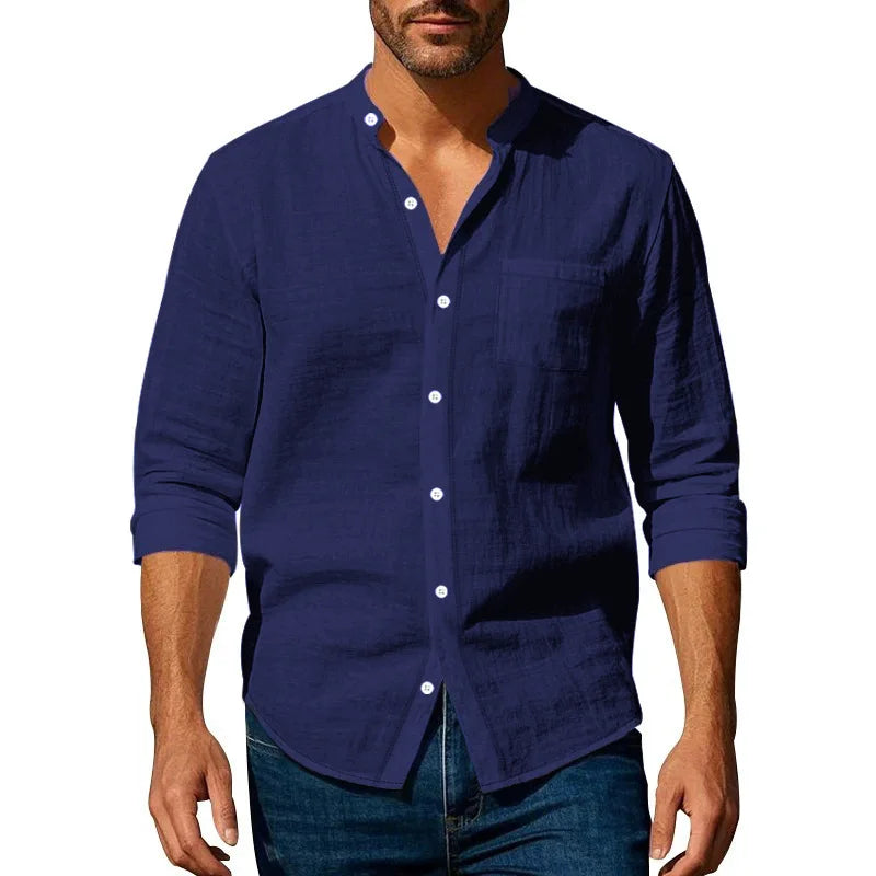 2026 Spring Summer New Mens Slim Fit Solid Color Long Sleeve Shirt Cotton Linen Casual Top Breathable ventilate absorb sweat