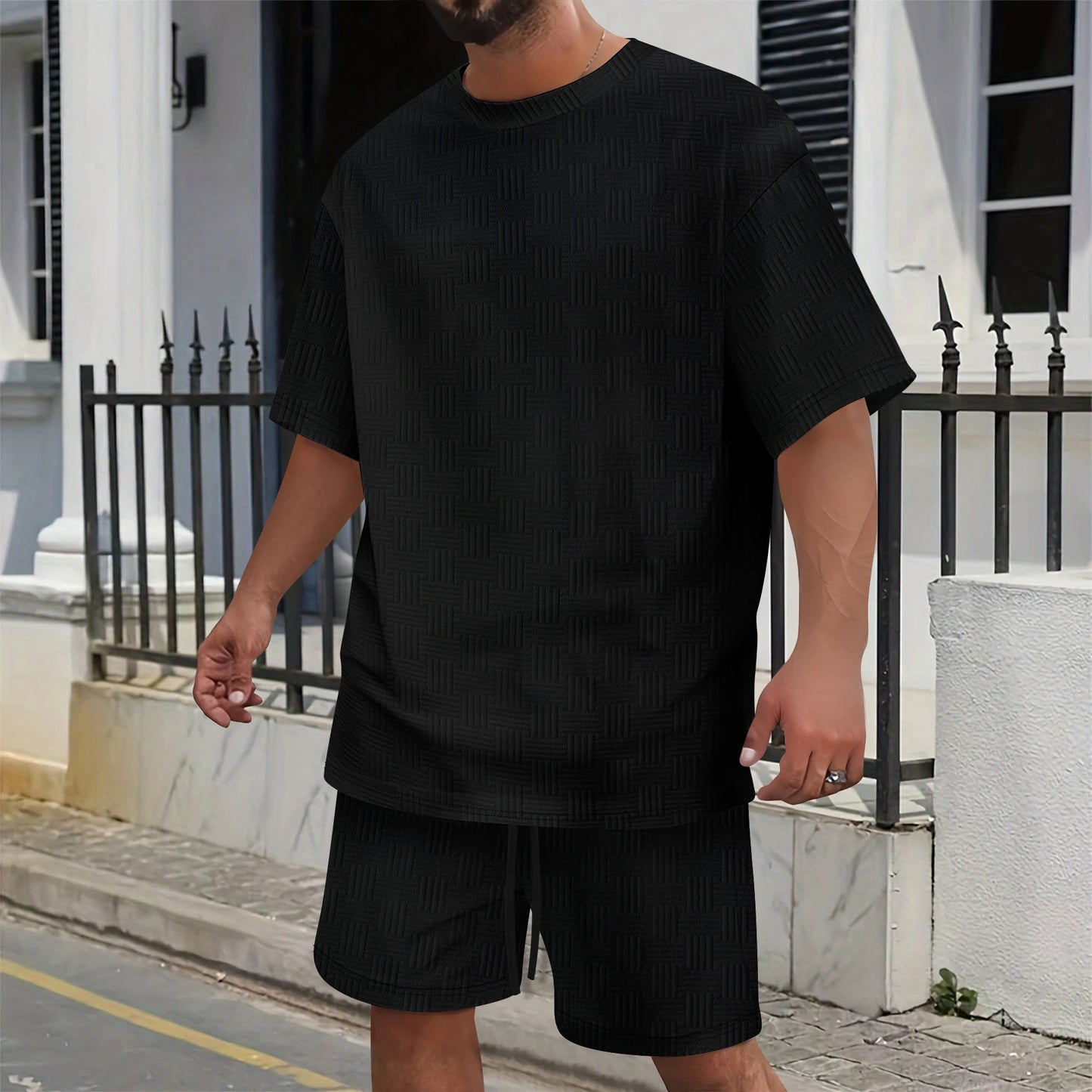 2026 Men's Summer Oversized Textured 2 Piece Set Crew Neck Short Sleeve T-Shirt & Drawstring Shorts Tracksuit
