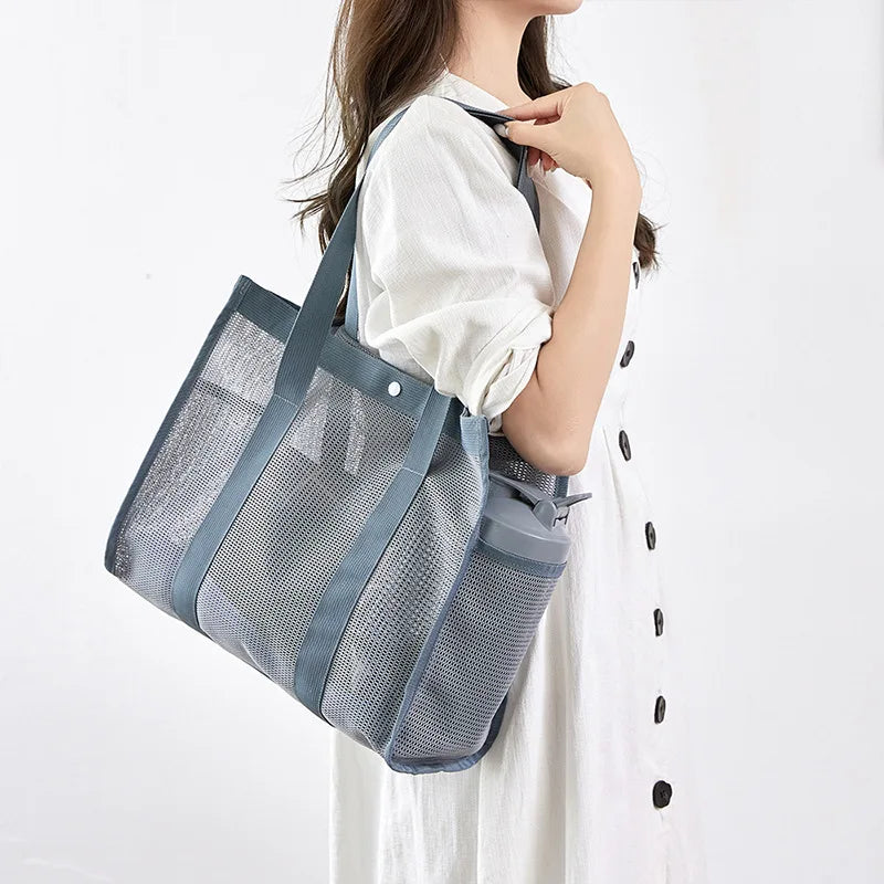 2024 New Korean Beach Bag Fashion Mesh Hollow Fitness Shoulder Bag Leisure Swimming Bag Travel Storage Washbag