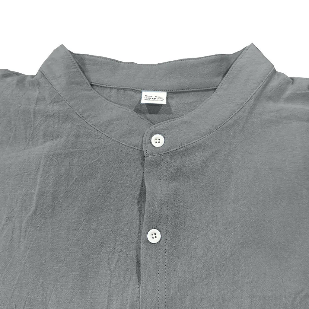 Men's Cotton Linen Long Sleeve Button Down Shirt European American Plus Size Henry Collar Casual Breathable Tops