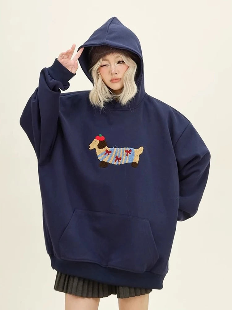 Women Sweatshirt Streetwear Couples Tops Casual Loose Hoodie Autumn Winter Cartoon Dog Embroidery Hooded Pullover